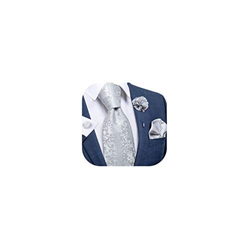 DiBanGu Silk Ties for Men Necktie and Lapel Pin Brooch Set Formal Woven Paisley Plaid Striped Solid Tie Wedding Party, Silver - Image 1