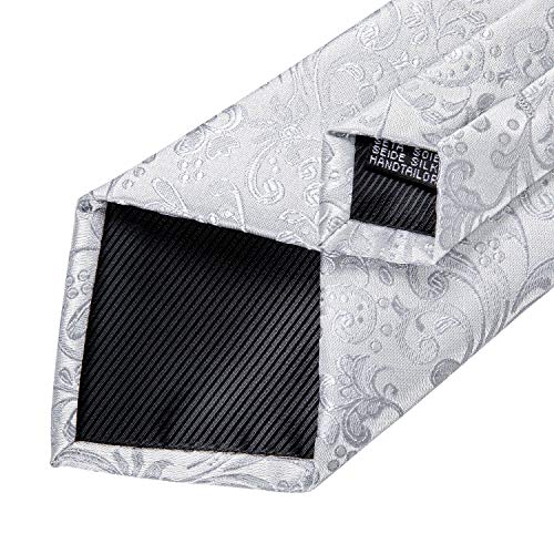 DiBanGu Silk Ties for Men Necktie and Lapel Pin Brooch Set Formal Woven Paisley Plaid Striped Solid Tie Wedding Party, Silver - Image 5