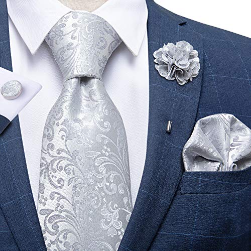 DiBanGu Silk Ties for Men Necktie and Lapel Pin Brooch Set Formal Woven Paisley Plaid Striped Solid Tie Wedding Party, Silver - Image 3