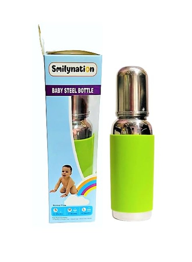 Smilynation Baby Stainless Steel 304 Grade Feeding Bottle with Internal matt Finish Bottle & Green Colour Silicone Grip for Baby Safety and Protect from Warn.(1 Piece) - Image 1