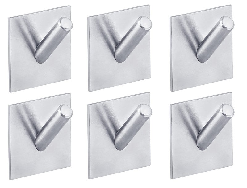 DOCOSS Pack of 6 Steel Self Adhesive Hooks for Wall Strong Sticker Hooks Door Hanger Wall Hooks Self Adhesive Hooks Holder for Bathroom,Kitchen -Holds Upto 3 kg (Silver -Brush) - Image 1