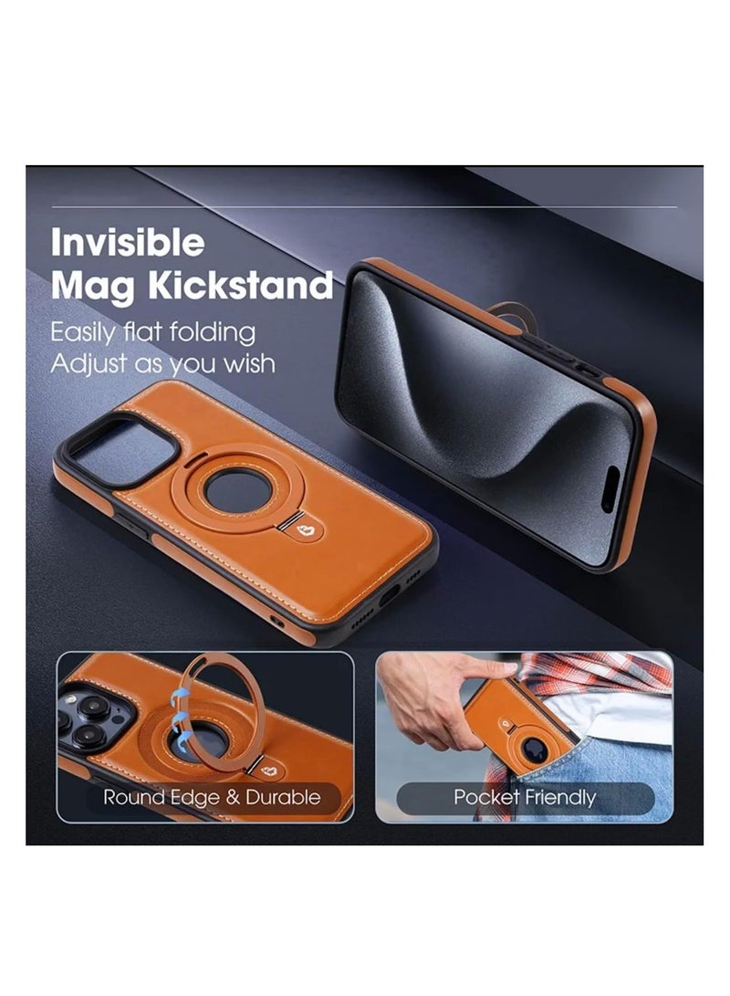 Aookay For iPhone 16 Pro Standing Magsafe Case ,Premium Real Leather, Luxury, Elegant, Design Case Protective Shield Non-Slip Grip Vintage, Stitching Leather for Men & Women (Brown) - Image 4