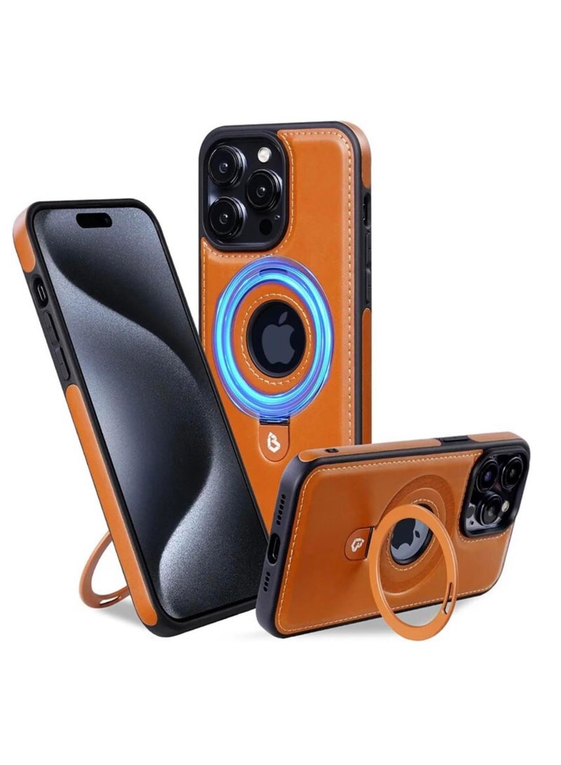 Aookay For iPhone 16 Pro Standing Magsafe Case ,Premium Real Leather, Luxury, Elegant, Design Case Protective Shield Non-Slip Grip Vintage, Stitching Leather for Men & Women (Brown) - Image 1