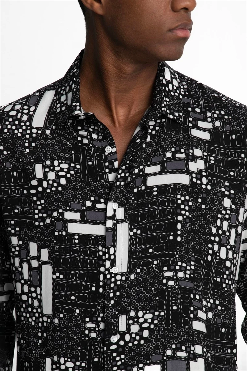 Tudors Slim Fit Slim Fit Long Sleeve Printed Pattern Viscose Tencel Sports Men's Shirt -