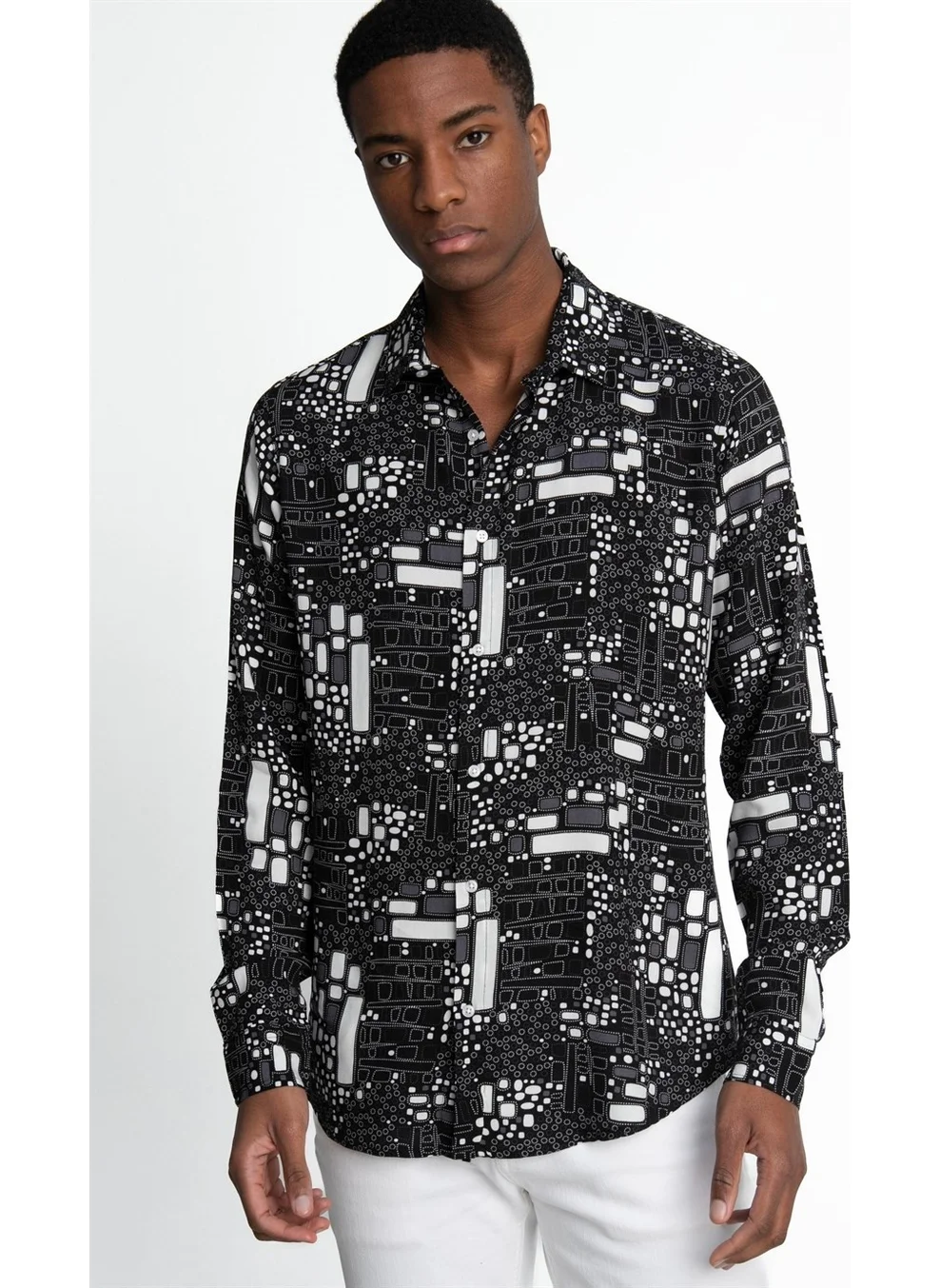 Tudors Slim Fit Slim Fit Long Sleeve Printed Pattern Viscose Tencel Sports Men's Shirt -