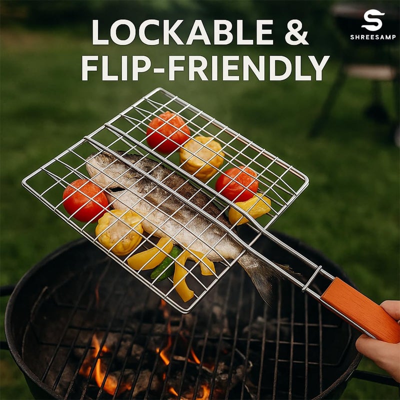 SHREESAMP شواية باربكيو قابلة للطي من الفولاذ المقاوم للصدأ SHREESAMP، شواية غير لاصقة وشبكة باربكيو للمطبخ للحفلات، سلة شواء للأسماك والخضروات مع مقبض خشبي ومشبك للشواء للاستخدام الداخلي والخارجي (44.5x28x1CM) - Image 3