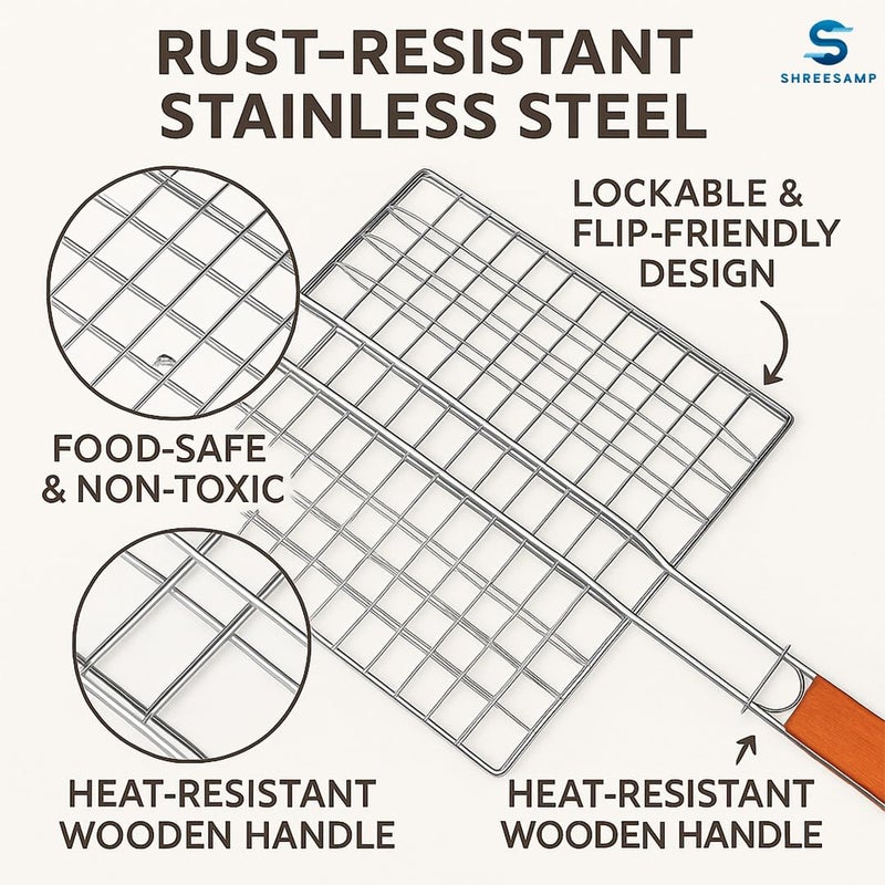 SHREESAMP شواية باربكيو قابلة للطي من الفولاذ المقاوم للصدأ SHREESAMP، شواية غير لاصقة وشبكة باربكيو للمطبخ للحفلات، سلة شواء للأسماك والخضروات مع مقبض خشبي ومشبك للشواء للاستخدام الداخلي والخارجي (44.5x28x1CM) - Image 2