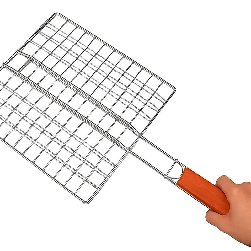 SHREESAMP شواية باربكيو قابلة للطي من الفولاذ المقاوم للصدأ SHREESAMP، شواية غير لاصقة وشبكة باربكيو للمطبخ للحفلات، سلة شواء للأسماك والخضروات مع مقبض خشبي ومشبك للشواء للاستخدام الداخلي والخارجي (44.5x28x1CM) - Image 1