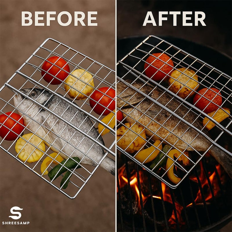 SHREESAMP شواية باربكيو قابلة للطي من الفولاذ المقاوم للصدأ SHREESAMP، شواية غير لاصقة وشبكة باربكيو للمطبخ للحفلات، سلة شواء للأسماك والخضروات مع مقبض خشبي ومشبك للشواء للاستخدام الداخلي والخارجي (44.5x28x1CM) - Image 4