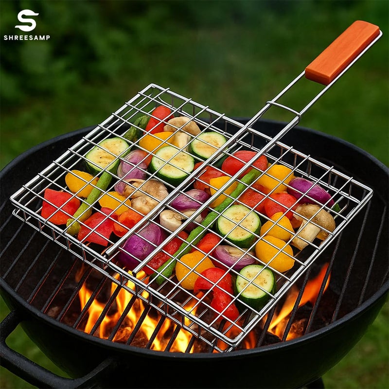 SHREESAMP شواية باربكيو قابلة للطي من الفولاذ المقاوم للصدأ SHREESAMP، شواية غير لاصقة وشبكة باربكيو للمطبخ للحفلات، سلة شواء للأسماك والخضروات مع مقبض خشبي ومشبك للشواء للاستخدام الداخلي والخارجي (44.5x28x1CM) - Image 5