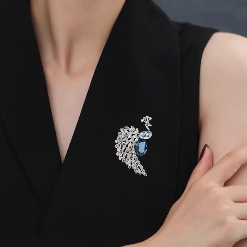 The Black Pearl Accessories Golden Blue Zirconic Peacock Brooch - Image 2