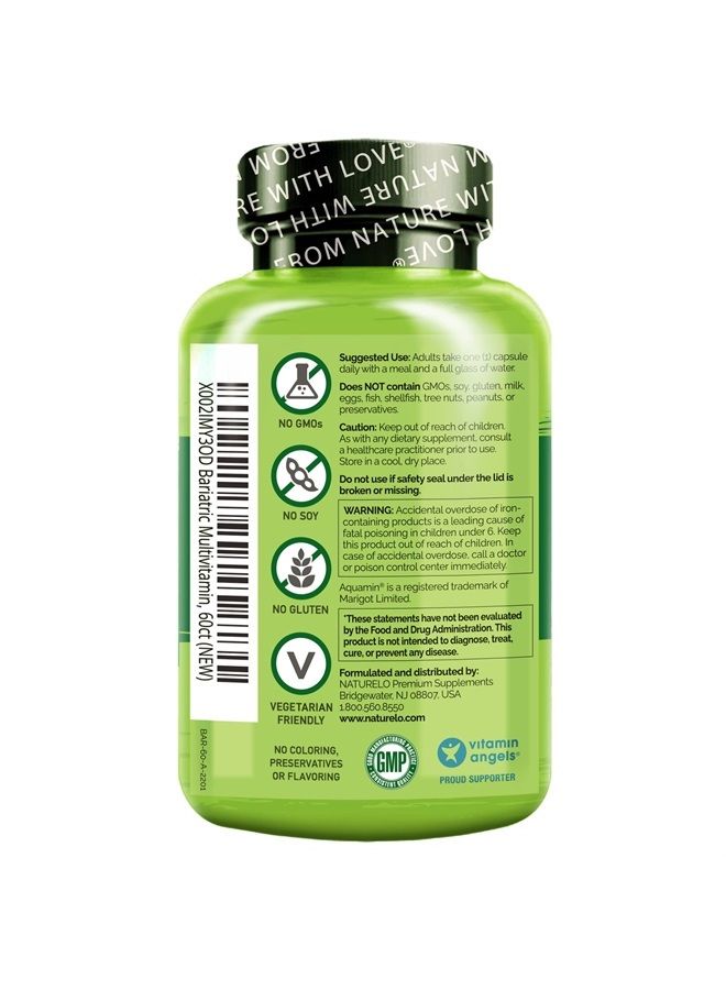 NATURELO Bariatric Multivitamin - One Daily with Iron - Supplement for Post Gastric Bypass Surgery Patients - Natural Whole Food Nutrition - 60 Veggie Capsules - Image 1