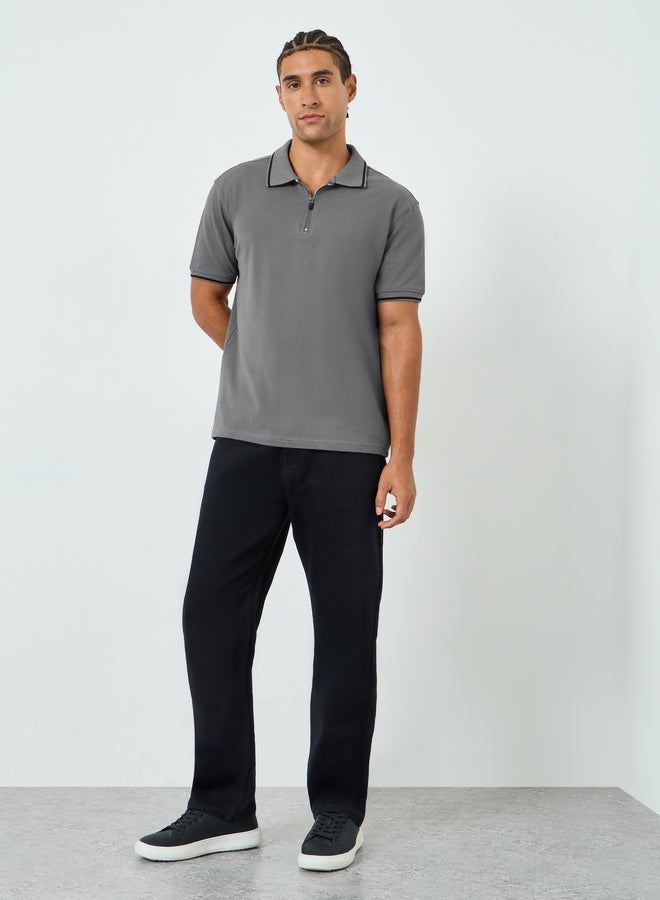 Styli Men Grey Relaxed Fit Pique Zip Polo - Image 2