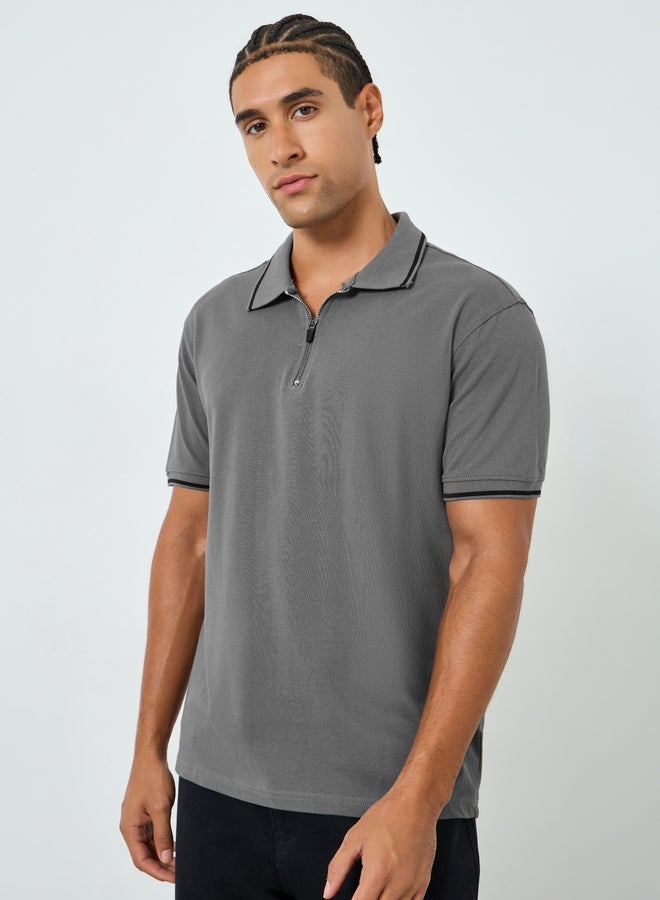Styli Men Grey Relaxed Fit Pique Zip Polo - Image 1