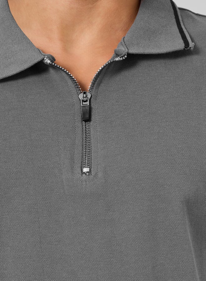 Styli Men Grey Relaxed Fit Pique Zip Polo - Image 4
