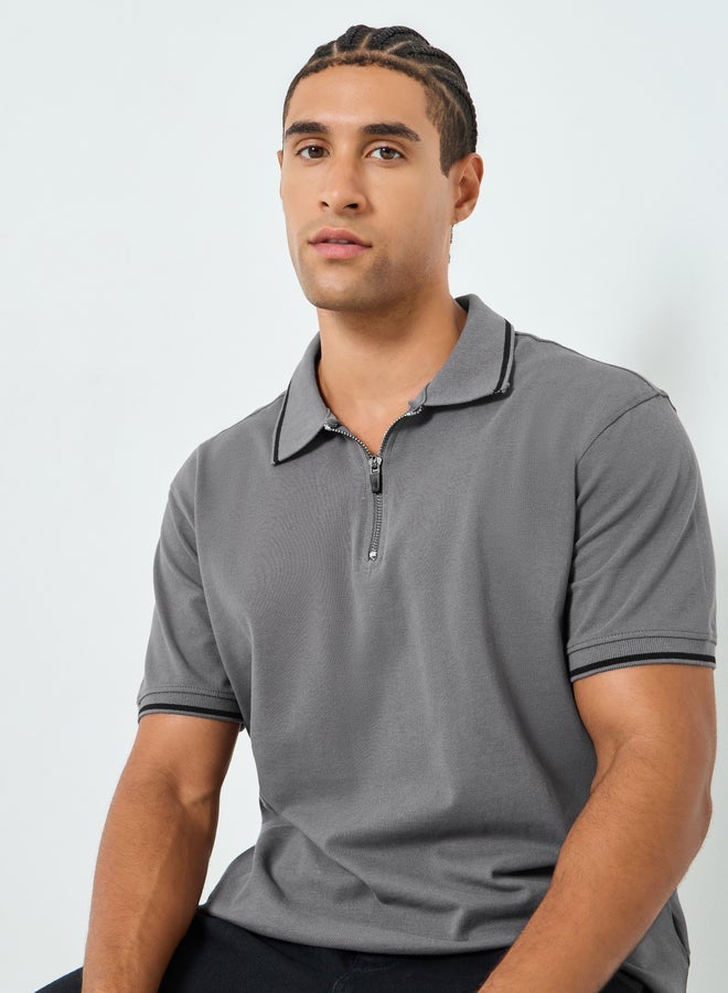 Styli Men Grey Relaxed Fit Pique Zip Polo - Image 3