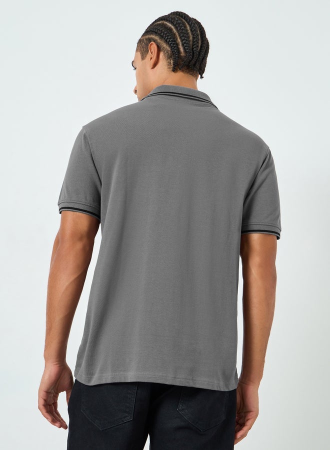 Styli Men Grey Relaxed Fit Pique Zip Polo - Image 5