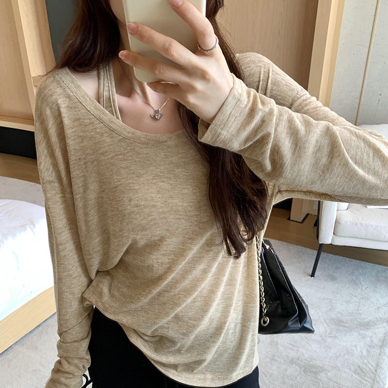 Chic Casual Thin Sleeveless Vest and T-Shirt Set for Spring/Summer oatmeal - Image 1