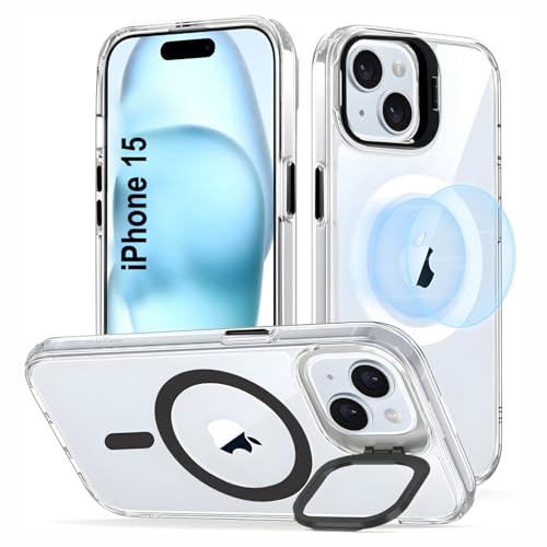 AIBEX Back Cover for iPhone 15 | Transparent Slim Case with Built-in Camera Stand | Mag-Saf Compatible | Shockproof | Scratch Resistant | Lightweight Protective Cover - Black - Image 1