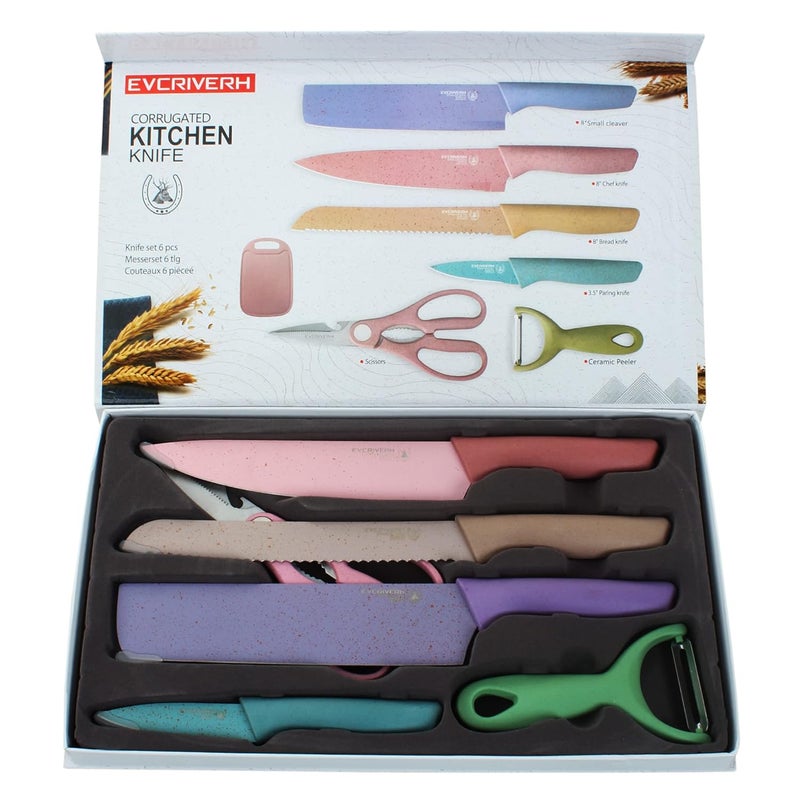 Kitchen Sharp Kitchen Sharp Knife Set Stainless Steel Household Kitchen Knife Straw 6 PCS Chef Knife Set with Chopping Board  - Image 1