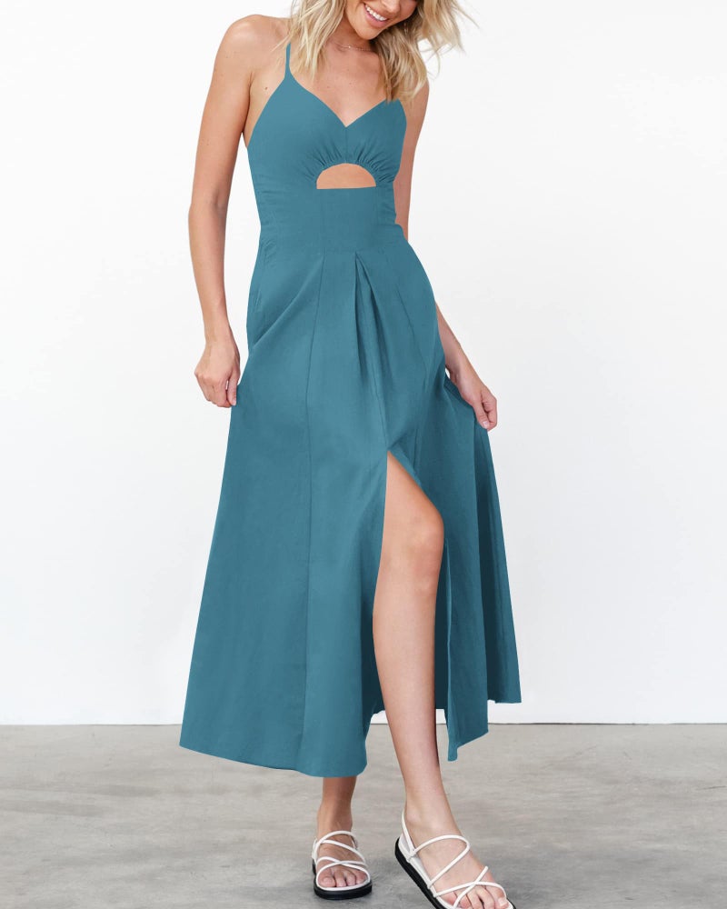 BTFBM Women 2026 Spaghetti Strap Midi Summer Dresses Sleeveless V Neck Cutout Slit Casual Beach Party Maxi Dress Pockets(Lake Blue, Large) - Image 4