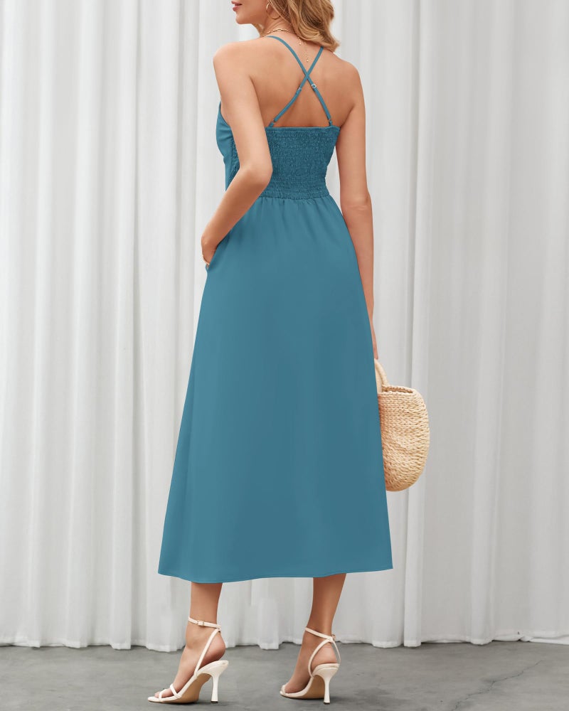 BTFBM Women 2026 Spaghetti Strap Midi Summer Dresses Sleeveless V Neck Cutout Slit Casual Beach Party Maxi Dress Pockets(Lake Blue, Large) - Image 5