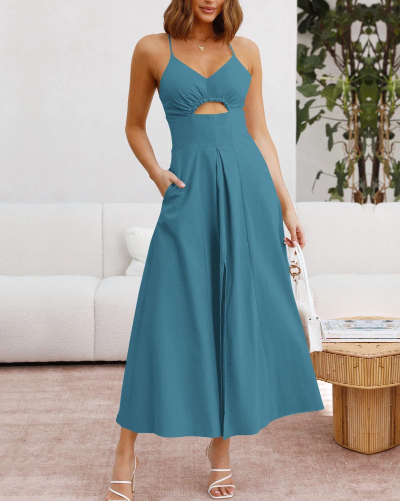 BTFBM Women 2026 Spaghetti Strap Midi Summer Dresses Sleeveless V Neck Cutout Slit Casual Beach Party Maxi Dress Pockets(Lake Blue, Large) - Image 2