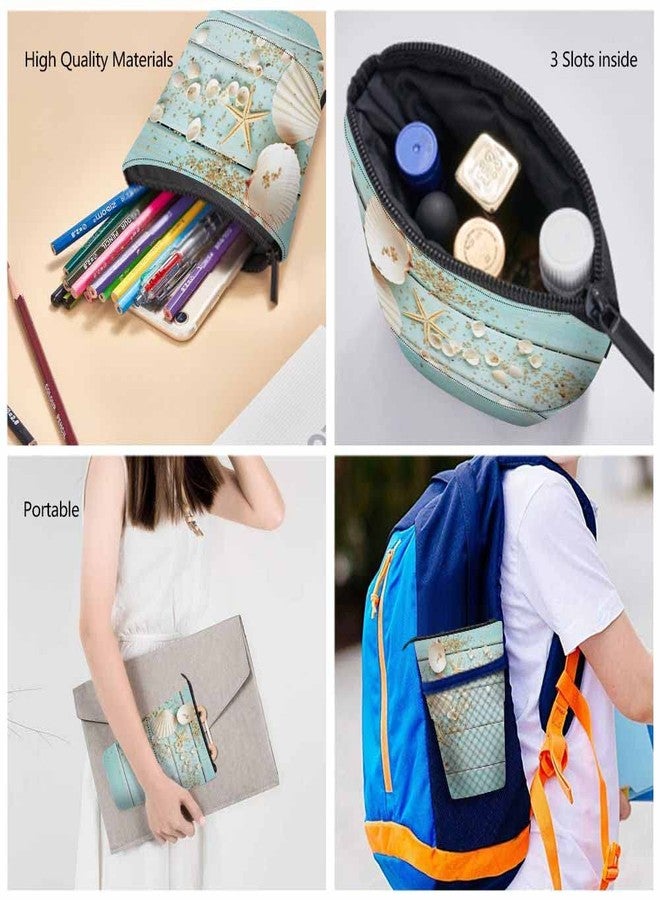 Swono Seashells Pencil Holder Beach Ocean Starfish Wooden Nautical Border Stand Up Pencil Case Organizer Cosmetics Pouch For Women Men Turquoise - Image 5
