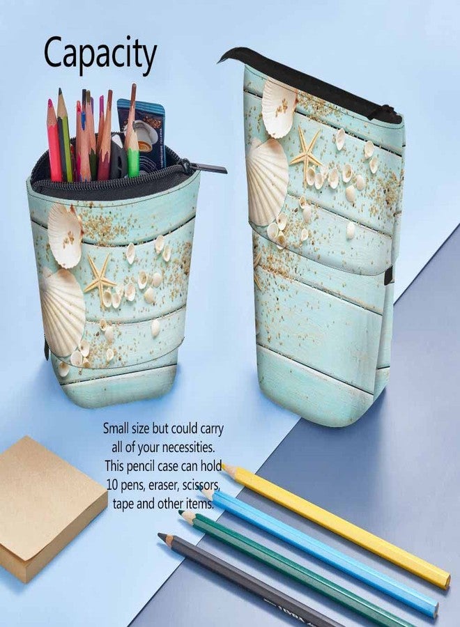 Swono Seashells Pencil Holder Beach Ocean Starfish Wooden Nautical Border Stand Up Pencil Case Organizer Cosmetics Pouch For Women Men Turquoise - Image 4