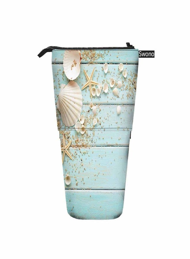 Swono Seashells Pencil Holder Beach Ocean Starfish Wooden Nautical Border Stand Up Pencil Case Organizer Cosmetics Pouch For Women Men Turquoise - Image 2