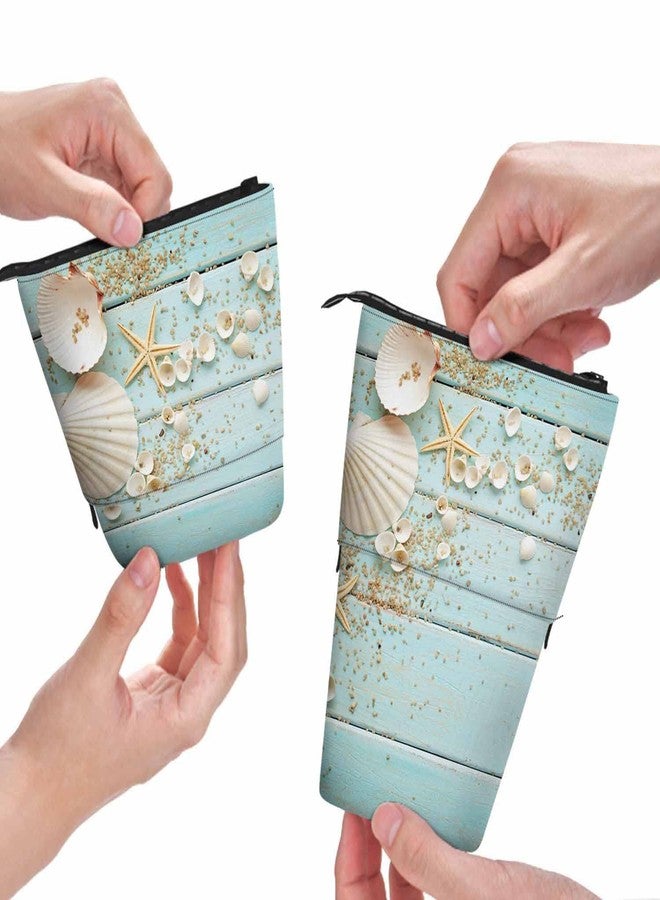 Swono Seashells Pencil Holder Beach Ocean Starfish Wooden Nautical Border Stand Up Pencil Case Organizer Cosmetics Pouch For Women Men Turquoise - Image 1