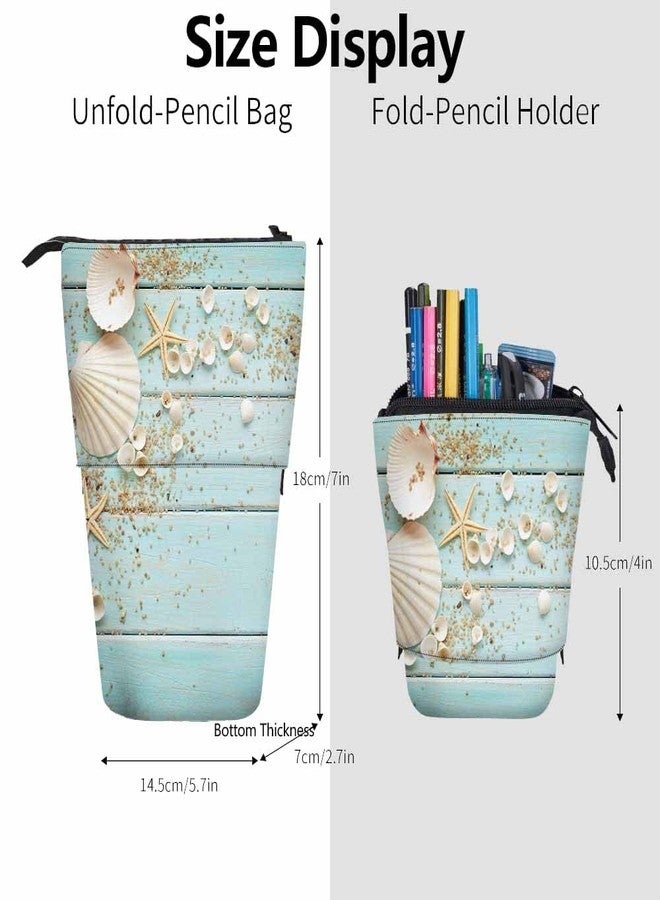 Swono Seashells Pencil Holder Beach Ocean Starfish Wooden Nautical Border Stand Up Pencil Case Organizer Cosmetics Pouch For Women Men Turquoise - Image 3