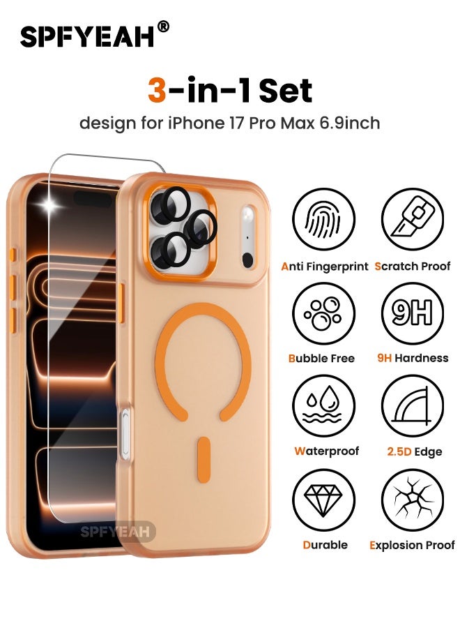 اس بي اف يا. [3 في 1] جراب iPhone 17 Pro Max مع واقي شاشة زجاجي مقوى عالي الدقة وواقي عدسة الكاميرا، متوافق مع MagSafe، مقاوم للصدمات ومضاد للسقوط والانزلاق، جراب صلب غير لامع نحيف مناسب لهاتف iPhone 17 Pro Max مقاس 6.9 بوصة، برتقالي شفاف - Image 2