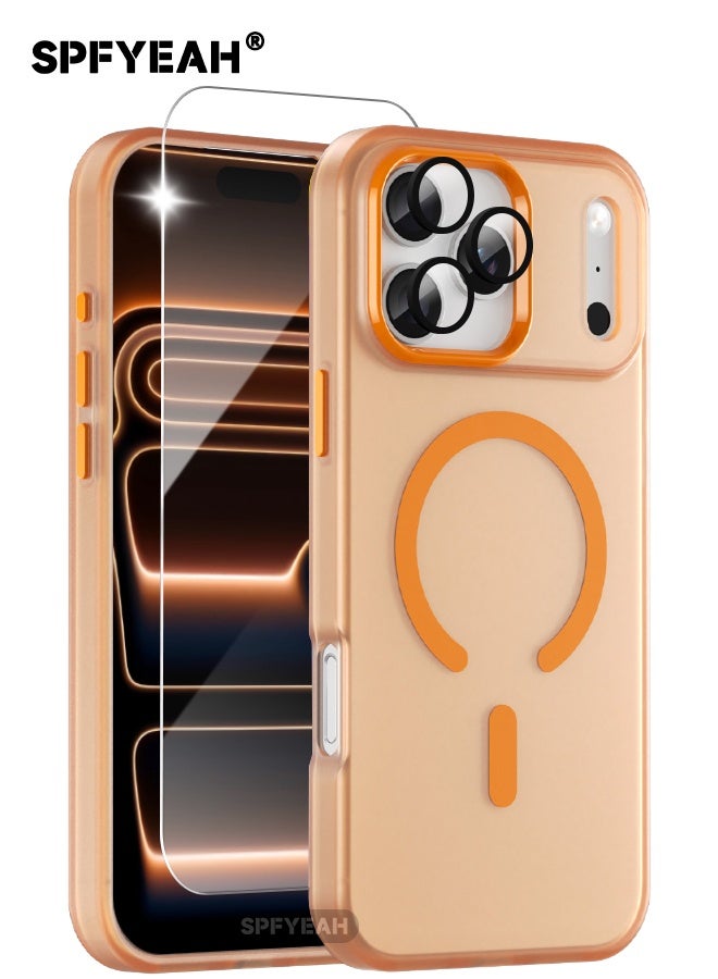 اس بي اف يا. [3 في 1] جراب iPhone 17 Pro Max مع واقي شاشة زجاجي مقوى عالي الدقة وواقي عدسة الكاميرا، متوافق مع MagSafe، مقاوم للصدمات ومضاد للسقوط والانزلاق، جراب صلب غير لامع نحيف مناسب لهاتف iPhone 17 Pro Max مقاس 6.9 بوصة، برتقالي شفاف - Image 1