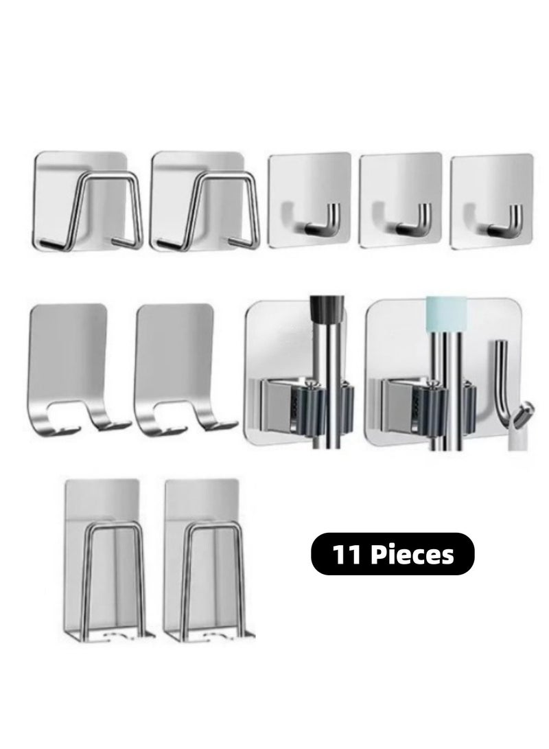 Mmmon 11 Pack Adhesive Hooks, 6 Different Types of Hooks set, for Hanging Towels, Loofah, Coat, Hat (Silver) - Image 1