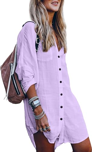 POGTMM Women Beach Cover up Dress Shirts Button up Cover ups for Swimwear Women Cover ups (M, Light Purple) - Image 1