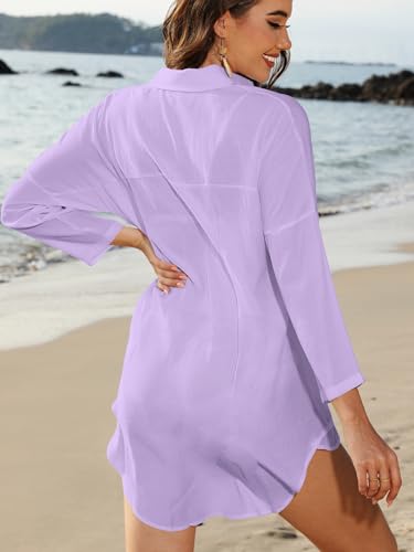 POGTMM Women Beach Cover up Dress Shirts Button up Cover ups for Swimwear Women Cover ups (M, Light Purple) - Image 5