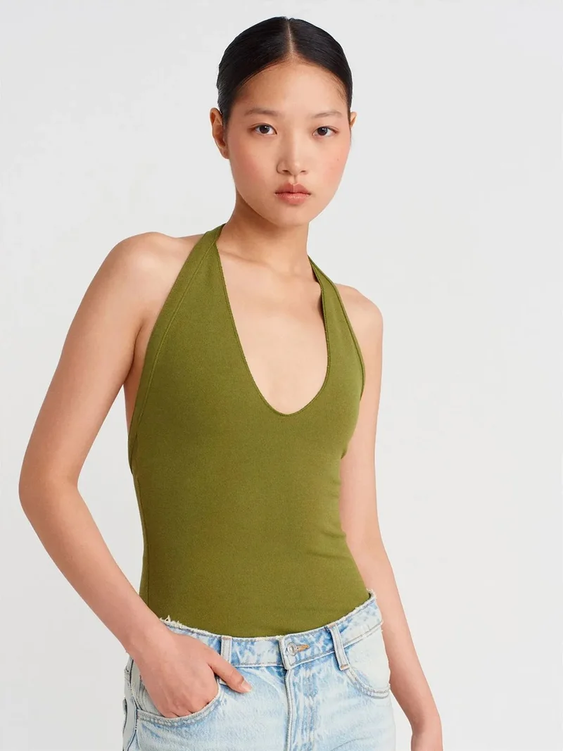 ديلفين Dilvin Slim Fit Halterneck Cut-Out Blouse