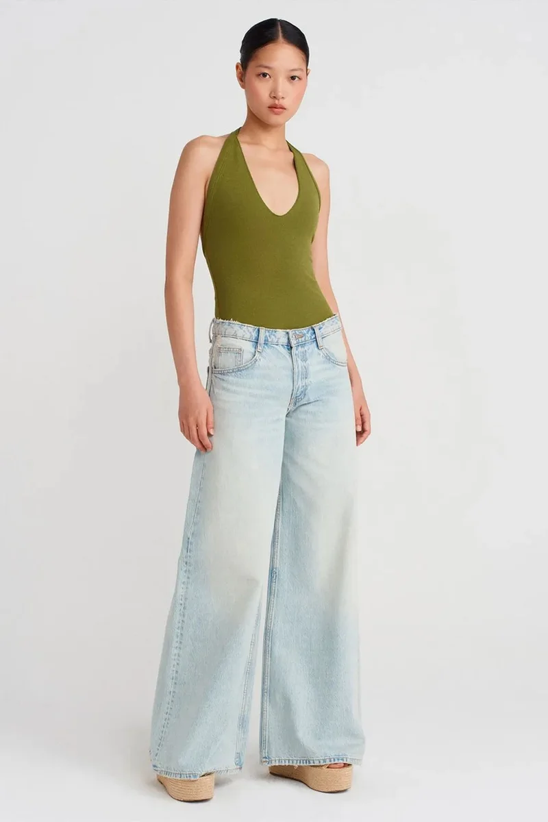 Dilvin Khaki Green DILVIN Halter Cut-Out Jersey Blouse for Women | Best Price UAE