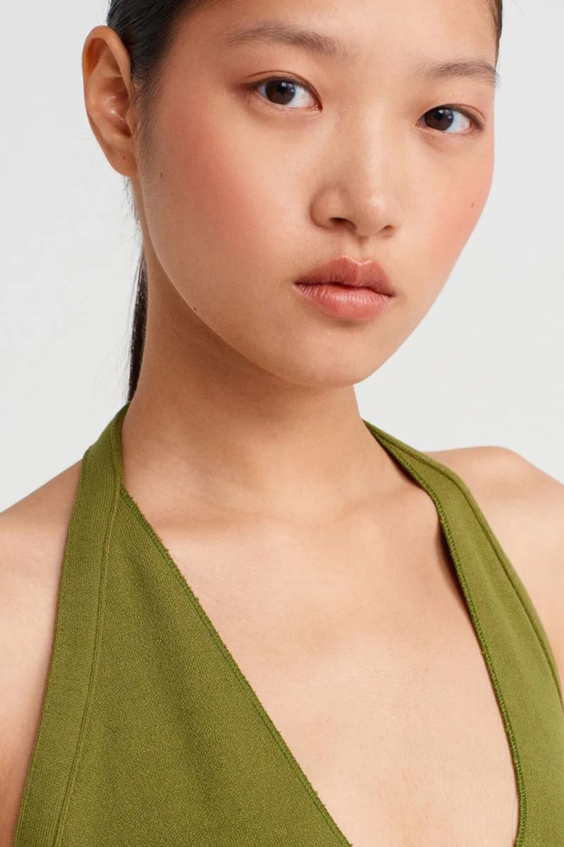 Dilvin Khaki Green DILVIN Halter Cut-Out Jersey Blouse for Women | Best Price UAE