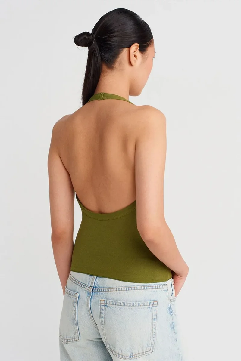 Dilvin Khaki Green DILVIN Halter Cut-Out Jersey Blouse for Women | Best Price UAE