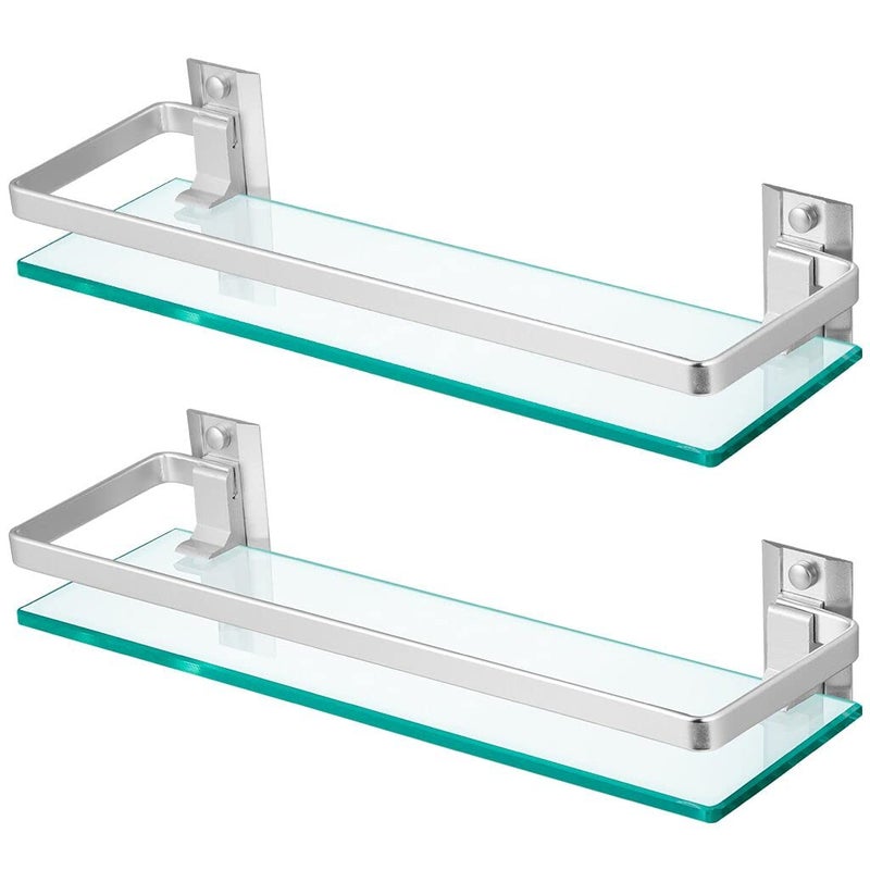 Sanbege 2Pack Tempered Glass Bathroom Shelf with Rail 15 x 45 Rectangular Shower Caddy Wall Mounted Floating Shampoo Holder for Lavatory Kitchen Living Room