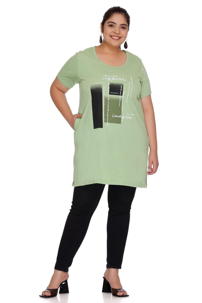 CUPID Women Plus Size Cotton Round Neck Half Sleeves T-Shirt, Nightwear, Sleepwear, Daily Use Gym Lounge Wear Long Tops with Pocket for Ladies_Green_7XL - Image 3