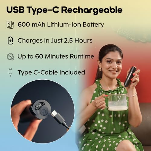 InstaCuppa Rechargeable Travel Milk Frother with 3 Speed Settings,4 Stainless Steel Whisks (Classic Froth,Egg Beater,Protein Mixer) Coffee Beater for Lattes & Cappuccino,Battery Powered,Black - Image 4