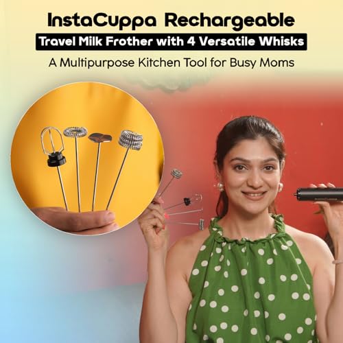 InstaCuppa Rechargeable Travel Milk Frother with 3 Speed Settings,4 Stainless Steel Whisks (Classic Froth,Egg Beater,Protein Mixer) Coffee Beater for Lattes & Cappuccino,Battery Powered,Black - Image 2