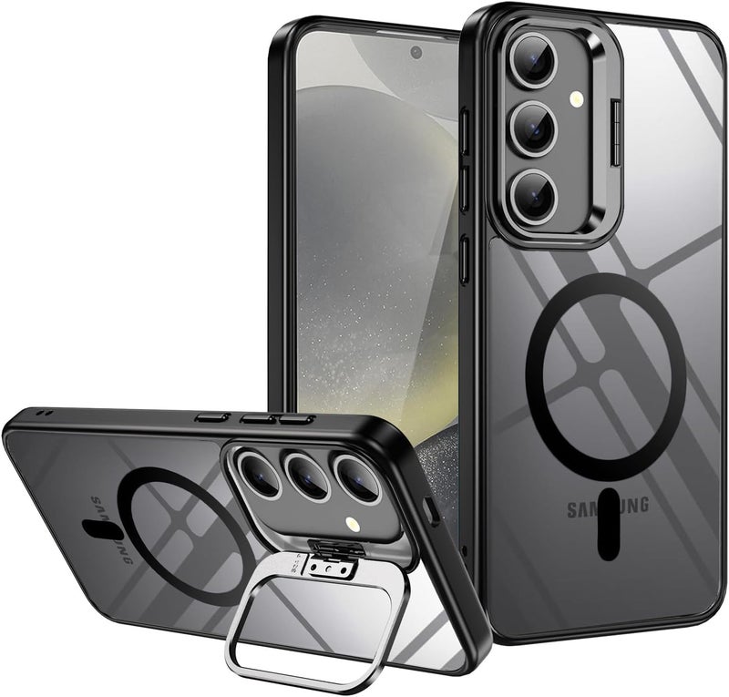 VONZEE PC Compatible For Samsung S24 FE 5G Case,Compatible With Magsafe,Military-Grade Protective Case,Built-In Stash Stand Phone Case,Scratch-Resistant Back Cover,Classic Series|Clear Black - Image 1