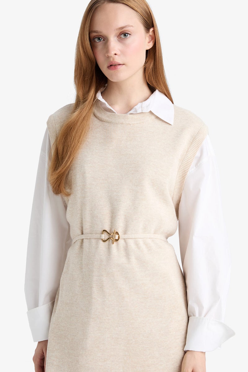 DeFacto Beige Woman Crew Neck Belt Detail Knit Vest Casual - Image 1