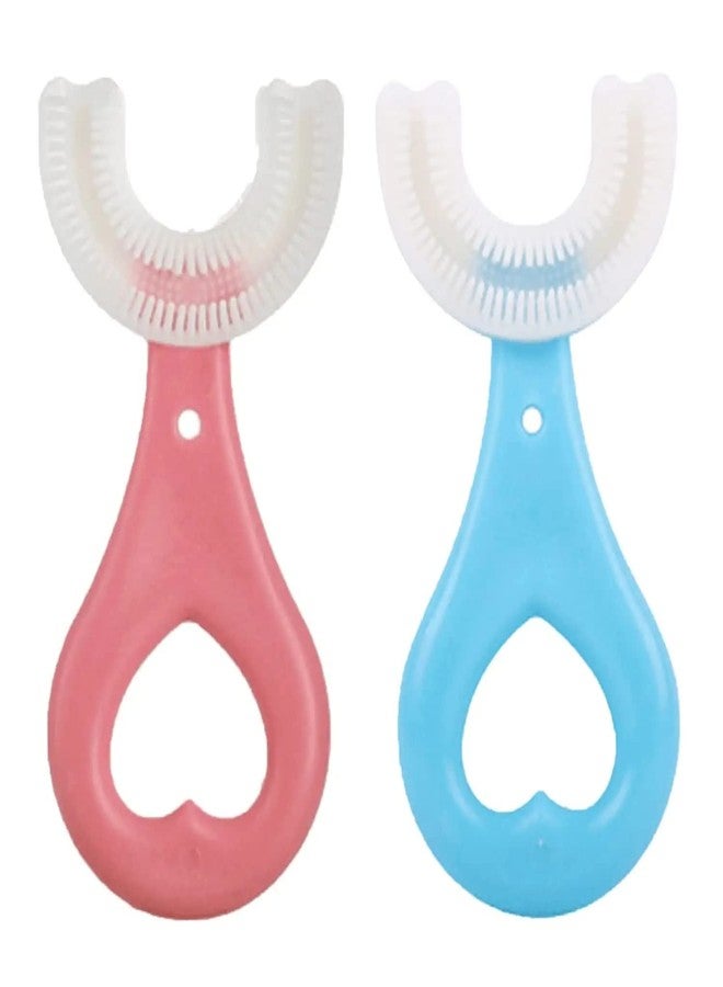 Evvorio U Shaped Toothbrush for Kids with Soft Silicone Brush Head for 360 Degree Oral Cleaning, Suitable For 2-6 Years Toddlers, Heart Design, Multicolor, Pack of 2 - Image 1