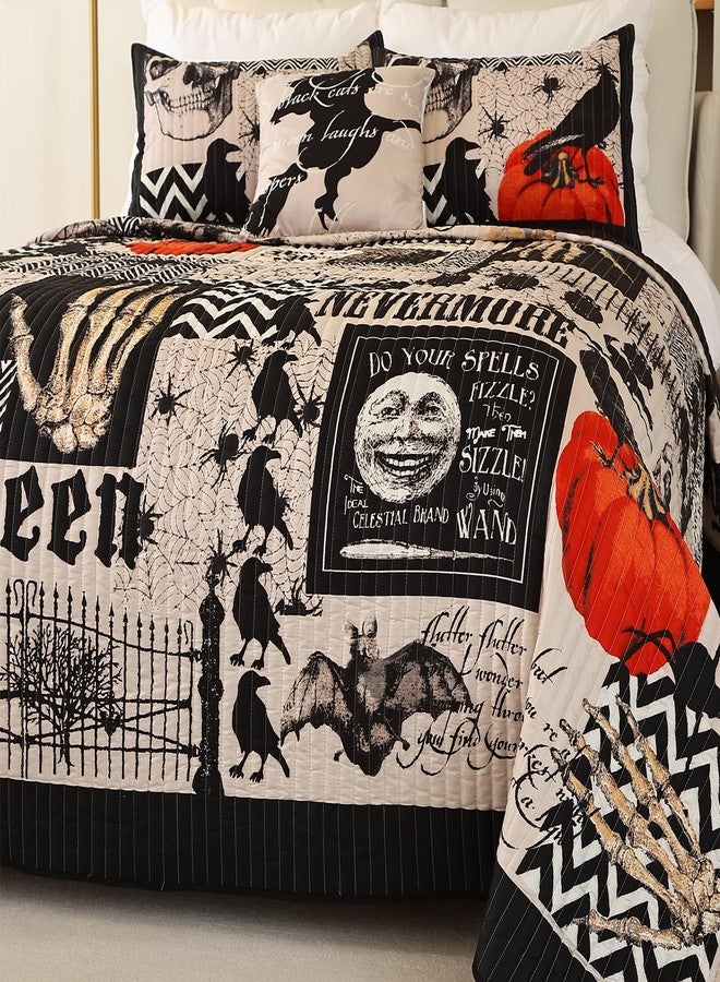 EVENHUG 4 Piece Halloween Bedding Set Quilted Bedspread with Throw Pillow for Home Décor (Halloween A, Queen) - Image 5