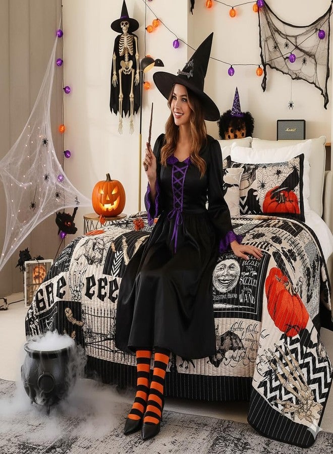 EVENHUG 4 Piece Halloween Bedding Set Quilted Bedspread with Throw Pillow for Home Décor (Halloween A, Queen) - Image 2